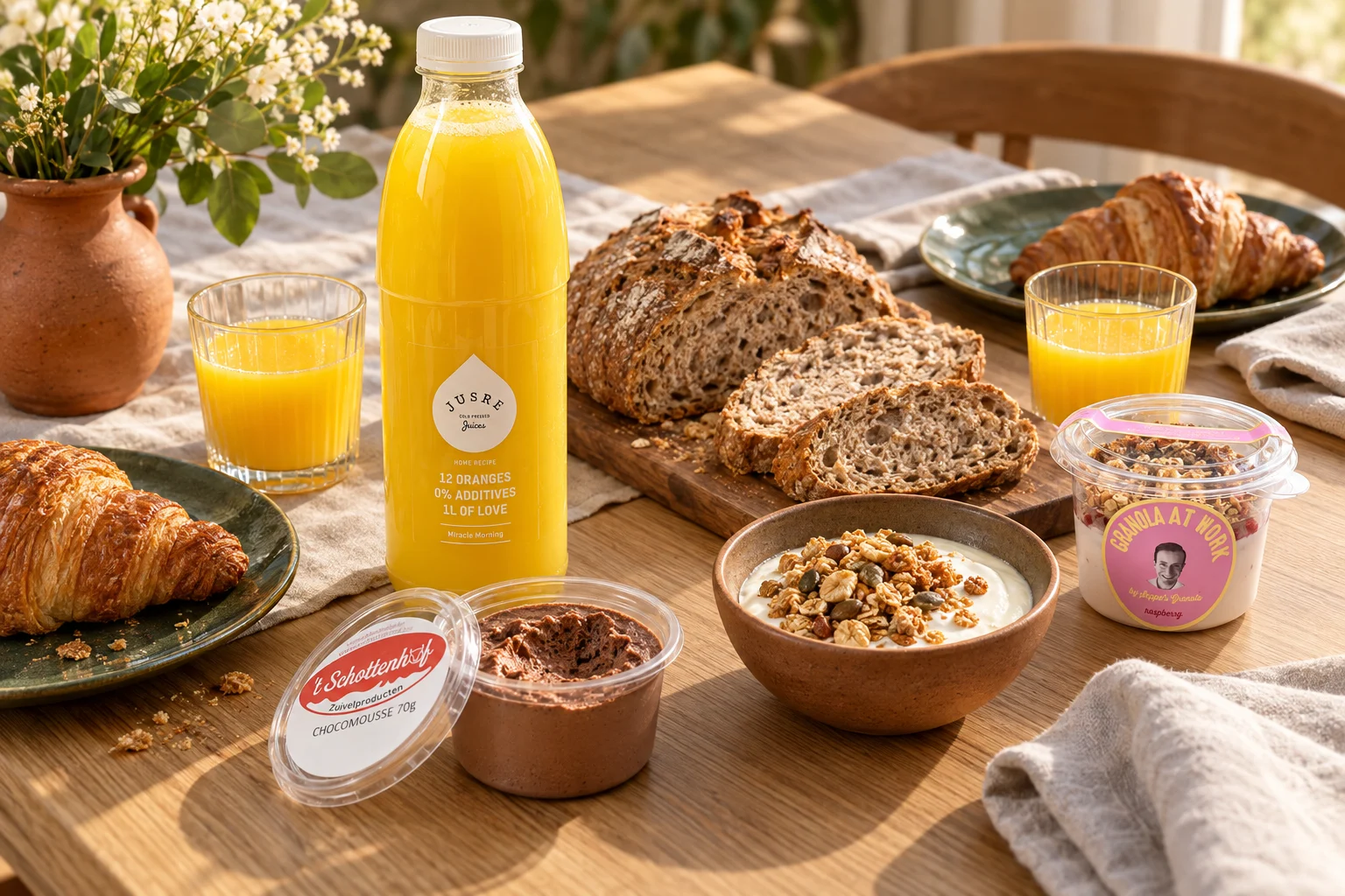 Een gezellige ontbijttafel met brood, croissants, sap en granola